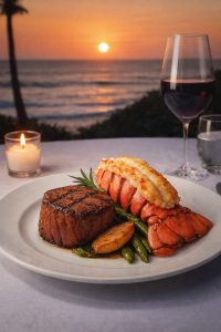 Gourmet steak and lobster sunset dinner prepared by Maui private chef in Napili Maui